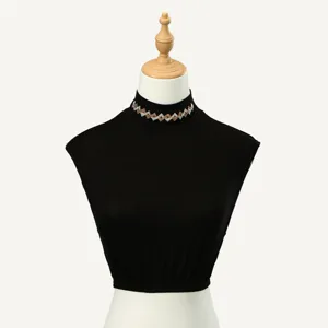 Elegant black detachable mock neck collar with sparkling diamond rhinestones, versatile polyester.