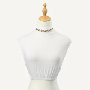 White elastic polyester mock false collar with rhinestone geometric zigzag detail for women.