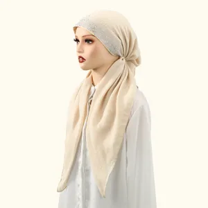 Beige rhinestone cotton linen hijab cap for women, elegant soft solid color headscarf.