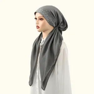 Grey cotton linen rhinestone hijab headscarf for women, stylish Muslim turban cap