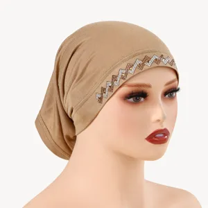Detailed view of women shimmering cotton rhinestone embellished Muslim hijab cap khaki.