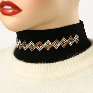 Black mock neck detachable collar with sparkling rhinestone rhombus pattern fashion item.