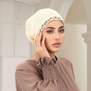 Mercerized cotton hijab cap with sparkling rhinestone band, comfortable and breathable.
