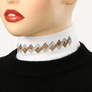 White detachable high collar featuring geometric rhinestone pattern detail for women's fashion