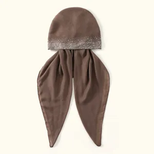Brown rhinestone embellished cotton linen hijab cap, soft elegant solid color headscarf detail.