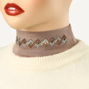 Detail view of women's elastic polyester fake collar with diamond rhinestone geometric pattern.