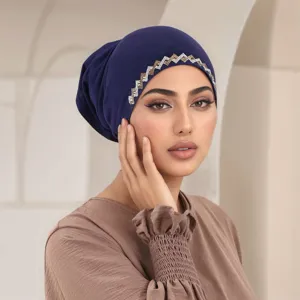 Women mercerized cotton rhinestone turban hat breathable ethnic solid color head wrap cap