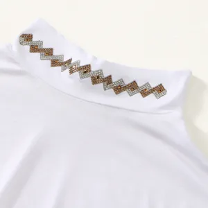 White mock neck detachable fake collar featuring sparkling rhinestone diamond zigzag pattern detail.