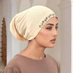 Women's Rhinestone Beanie Hat Silk Cotton Blend Stretch Turban Cap Breathable Muslim Under Scarf Headwear
