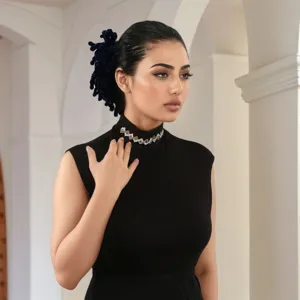 Elegant black detachable mock neck false collar with sparkling rhinestone diamonds for women.
