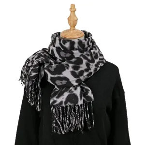Women Winter Warm Leopard Print Scarf Fashion Tassel Cashmere Feel Long Shawl Wrap
