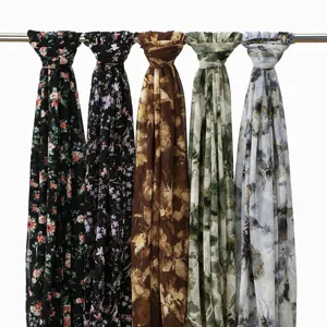 Chiffon printed floral scarf detailed view, lightweight and breathable sun protection silk scarf.