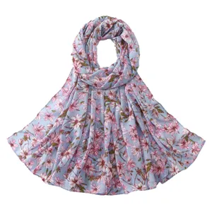 Women light blue floral print chiffon scarf, versatile fashion sun protection headscarf hijab.