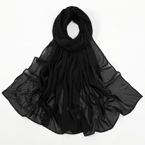 Women Fashion Chiffon Scarf Long Shawl Lightweight Head Wrap With Bow Embroidery Elegant Muslim Hijab Accessories