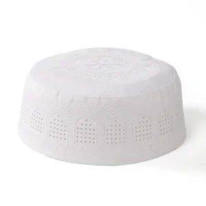White men's Muslim prayer cap with intricate embroidery and delicate lace-like patterns for daily wear.