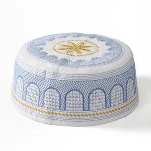 Men Muslim Prayer Hat Kufi Cap Ethnic Embroidered Flat Top Hat Polyester Breathable