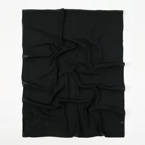 Black chiffon hijab scarf for women with elegant bow embroidery, versatile long shawl wrap.