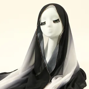 Hiyab de gasa degradado con borde de perlas, bufanda larga elegante y versátil para mujer.