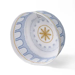 Men's traditional embroidered Muslim Kufi cap, white flat-top prayer hat with blue and gold.