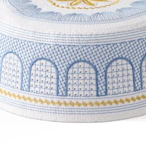 Men's traditional embroidered prayer cap white kufi taqiyah Muslim hat detailed mesh