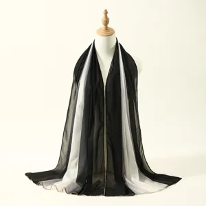 Pañuelo largo de gasa degradada para mujer con detalle de borde de cadena y perlas, bufanda de moda.