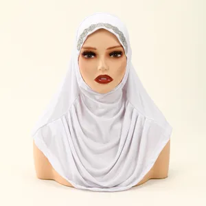 White rhinestone hijab for women, elegant polyester pleated head scarf and Islamic headwear.