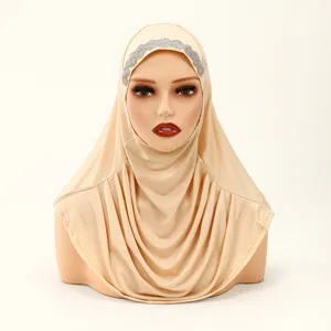 Women pleated hijab polyester headscarf with rhinestone band ethnic fashion Muslim head wrap