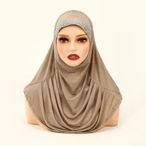 Women polyester rhinestone pleated hijab scarf elegant ethnic head cover wrap detail view