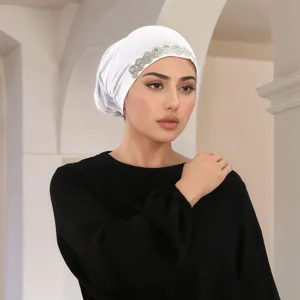 Women white rhinestone turban cap stylish comfortable polyester hijab hat for daily wear