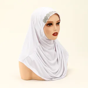 White polyester rhinestone pleated hijab for women, elegant fashion headscarf and shawl detail.