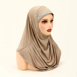 Rhinestone Decorated Pleated Muslim Hijab Women Fashion Headscarf Khaki Color Detail