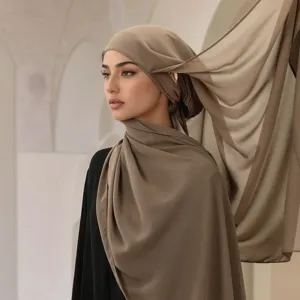 Foulard hijab uni avec liens pour femmes mode élégant respirant confortable châle haut