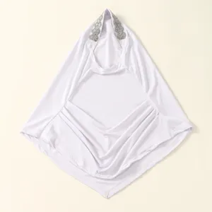 Women Elegant Rhinestone Pleated Hijab Shawl White Polyester Fashion Headscarf New