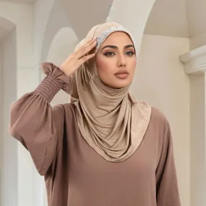 Fashion rhinestone pleated hijab for women, elegant polyester instant headscarf shawl.