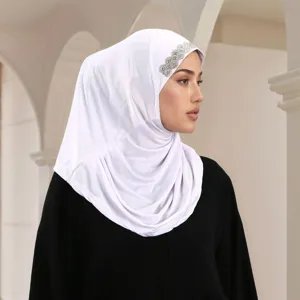 Elegant white polyester hijab with shimmering rhinestone details for women fashion wear main view