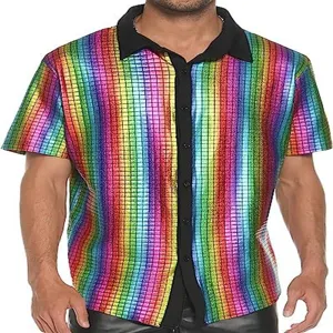 Camicia da uomo a maniche corte con paillettes lucide disco retro festa festival outfit.