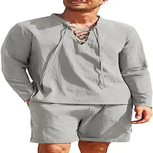 Completo Casual da Uomo in Misto Cotone Camicia Henley e Pantaloncini Top e Pantaloni Manica Lunga Collo alla Coreana per Spiaggia
