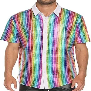 Camicia uomo manica corta con paillettes arcobaleno lucide per festa disco dettaglio