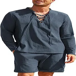 Uomo manica lunga lino henley camicia pantaloncini set casual spiaggia estate tinta unita