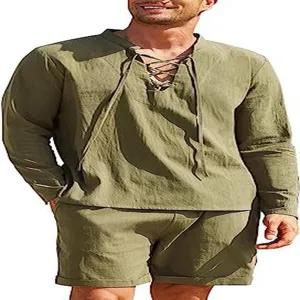 Set camicia pantaloncini lino uomo dettaglio, stile vacanza mare casual, tessuto traspirante.