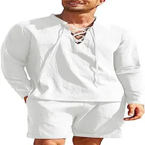 Set di Camicia Henley in Lino a Maniche Lunghe e Pantaloncini Casual Spiaggia Estivo