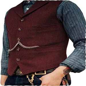 Men Vintage Herringbone Tweed Vest V-Neck Multi-Pocket Waistcoat British Style Sleeveless Top Casual Padded Work Vest For Men