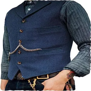 Men's herringbone vest detail, casual V-neck design with multi pockets and chain accessory.