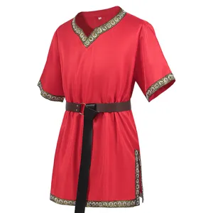 Men's medieval V-neck short sleeve COS costume with decorative gold trim and waist belt.