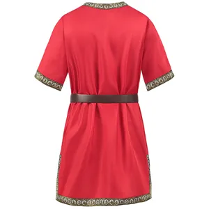 Medieval men's short sleeve red tunic costume featuring a brown belt and gold trim details.