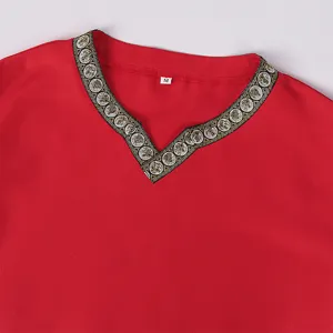 Medieval men V-neck costume shirt detail, red top with vintage gold trim collar M size