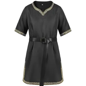 Men's medieval short sleeve V-neck black tunic costume with gold trim and belt set.
