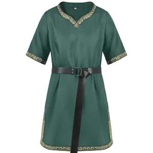 Medieval men short sleeve V-neck green cosplay costume detail view with black belt