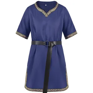 Detail shot of medieval men's blue short sleeve V-neck costume with vintage trim and belt.