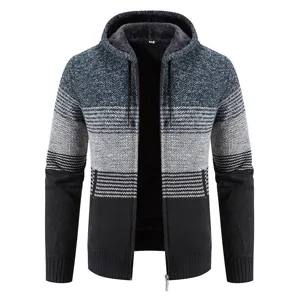 Cardigan in maglia foderato in pile da uomo, giacca con cappuccio invernale calda.